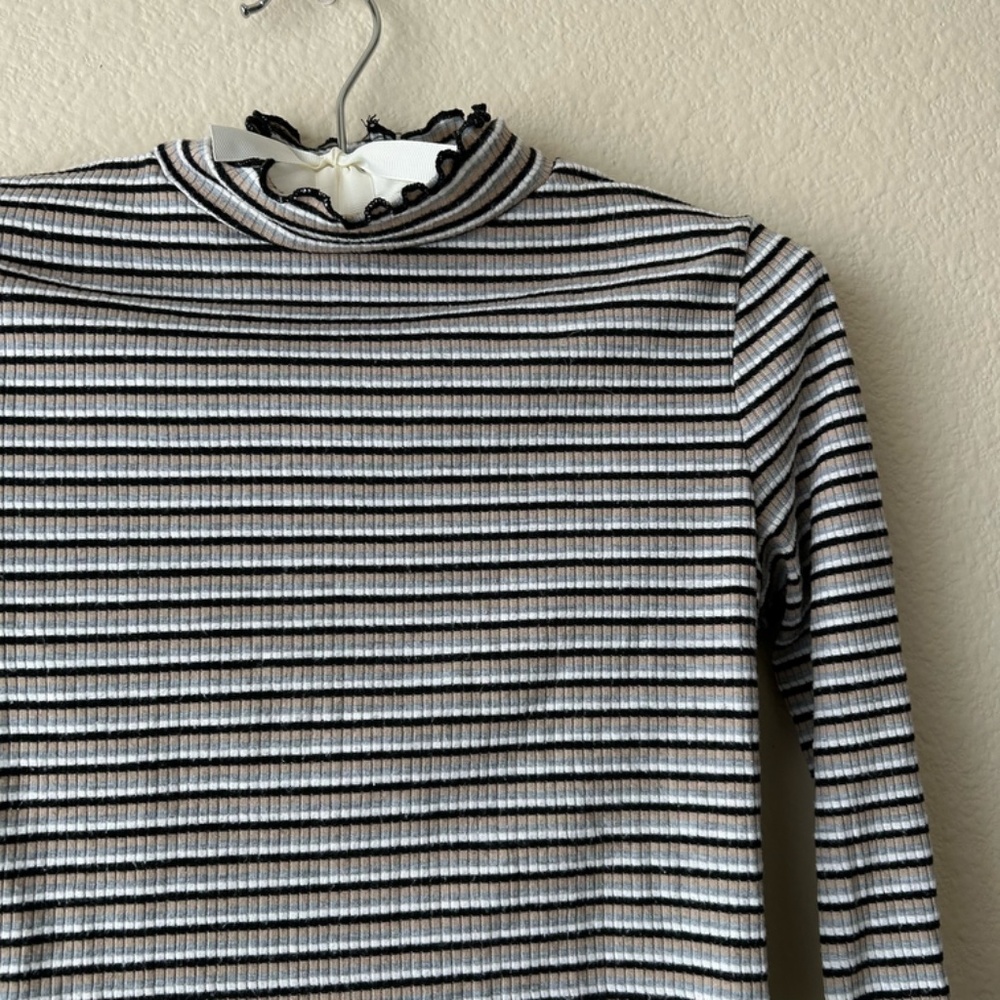 Crop Top Long Sleeve Stripe Tan Black Gray Cream Ruffle Edge by Agaci Size Small - Picture 3 of 12